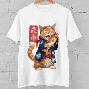 Maneki Neko Cat Fish Graphic T Shirt Japanese Style Unisex Short Sleeve Tee  181